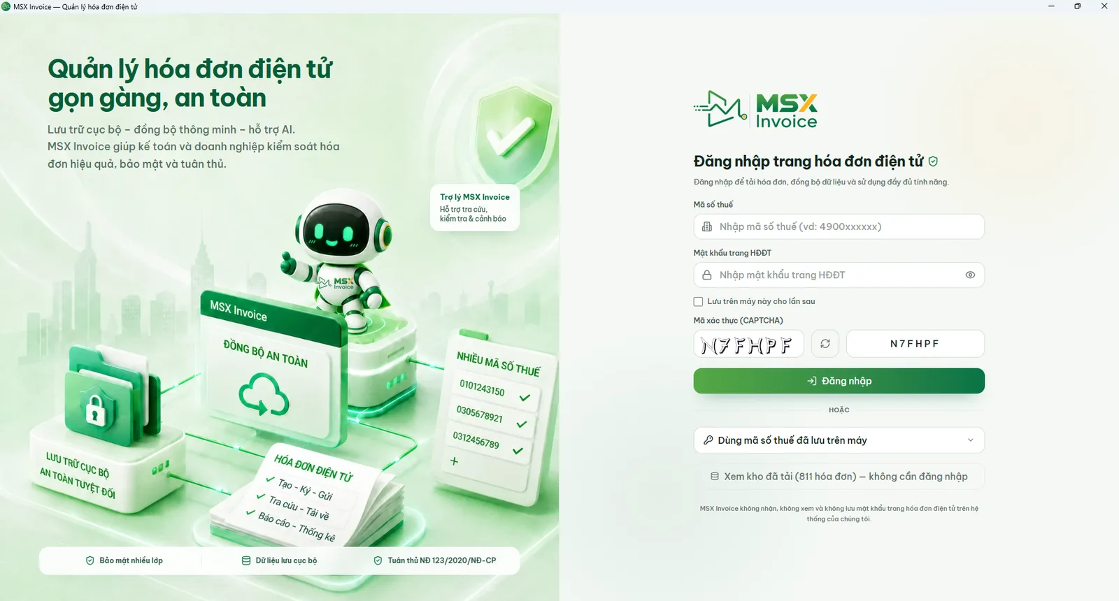 Màn hình đăng nhập ứng dụng MSX Invoice trên Windows: đăng nhập bằng mã số thuế và mật khẩu trang hóa đơn điện tử